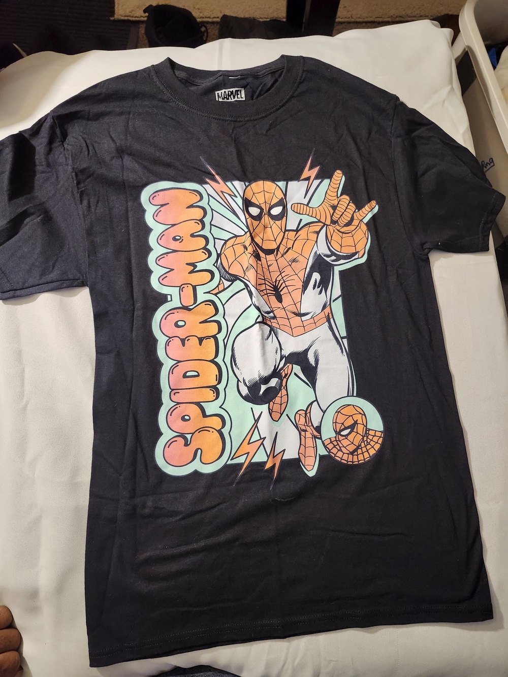 Marvel Black Spider-Man Tee with Orange & Mint Graphic